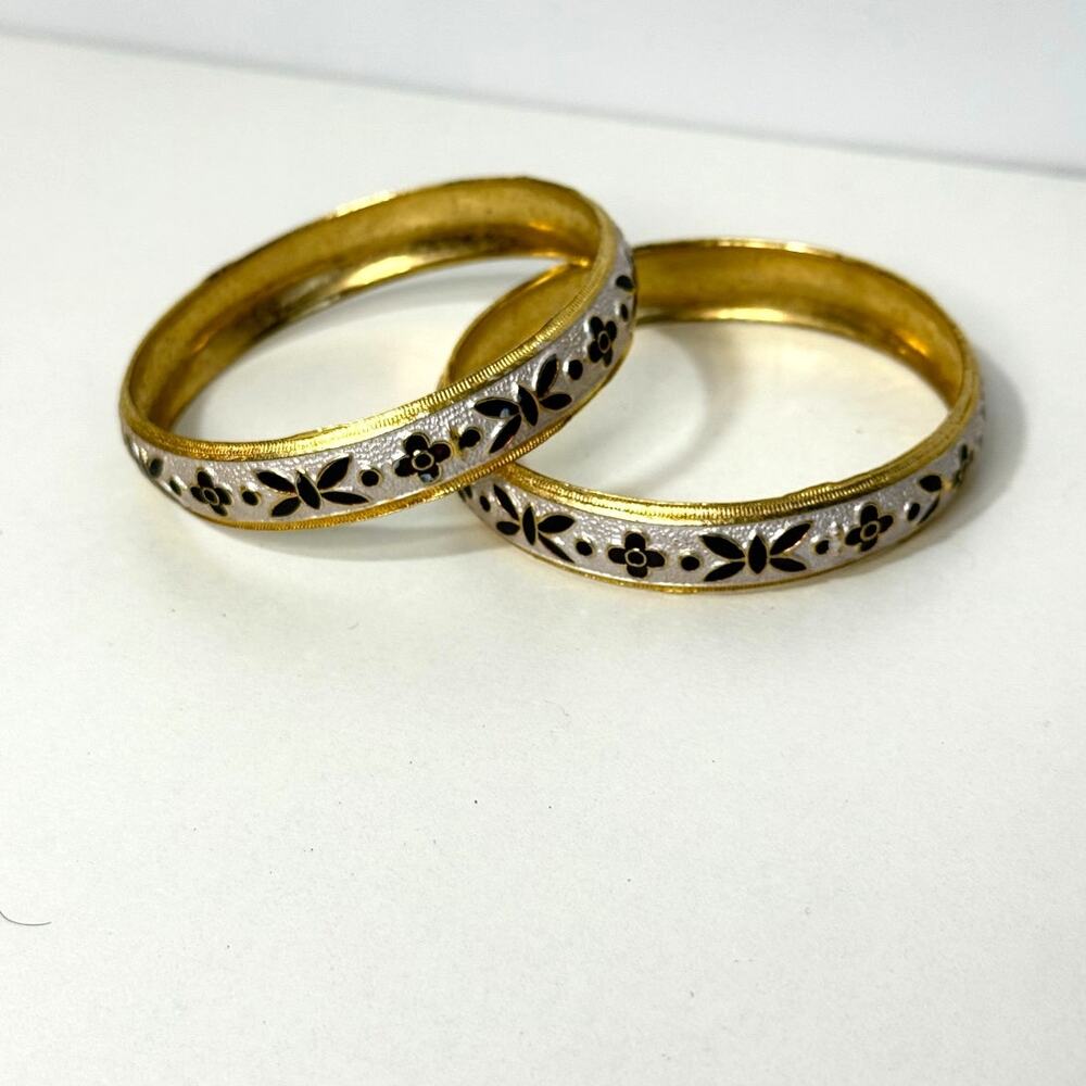 Set of 2 Vintage Gold Toned & White Bangles with Red Ruby Hand-Painted Design - Picture 3 of 5